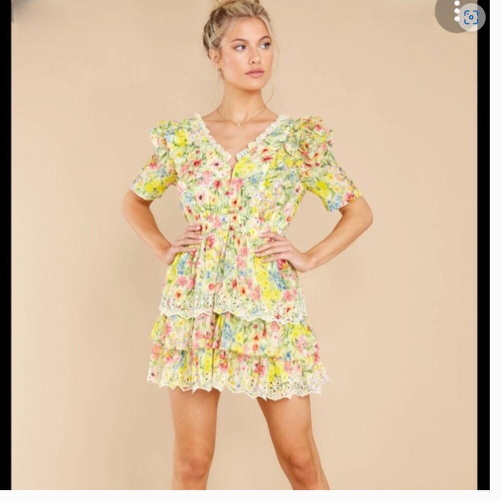 LoveShackFancy Short Sleeve Floral Aldina Mini Dress Rainbow Skies Size Medium - Picture 2 of 16